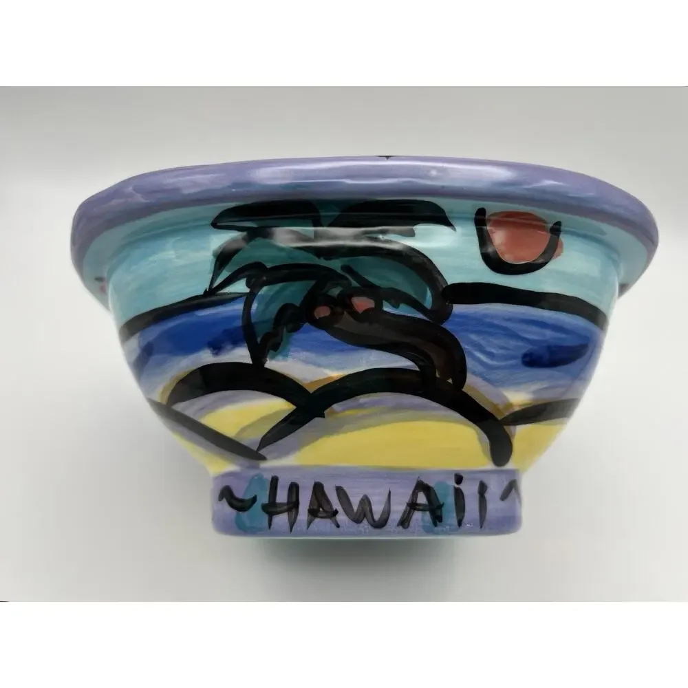 Hawaiian Hand Painted Square Pottery Bowl 8” Signed Kauai Masters 1997 Vintage